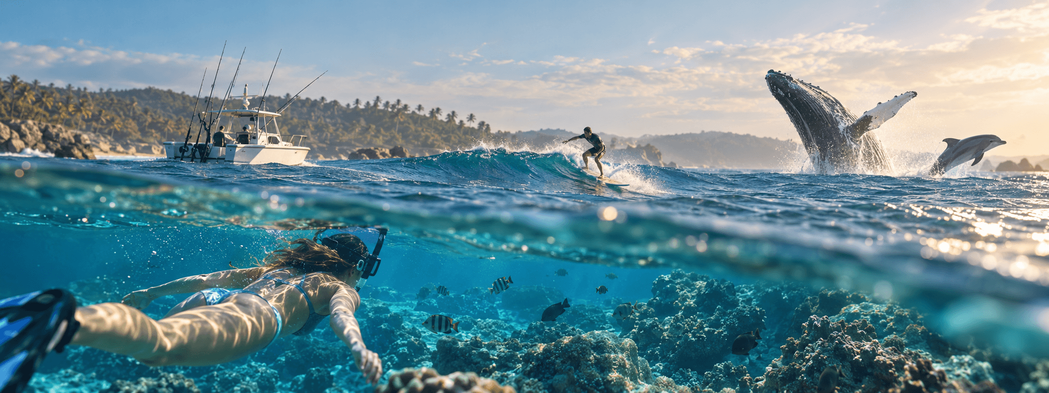 Panoramic coastal waters with snorkeling, surfing, and marine wildlife in Sri Lanka
